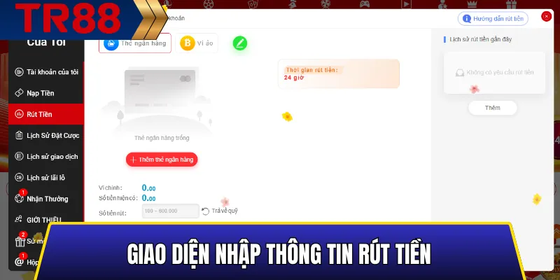 Giao diện nhập thông tin rút tiền